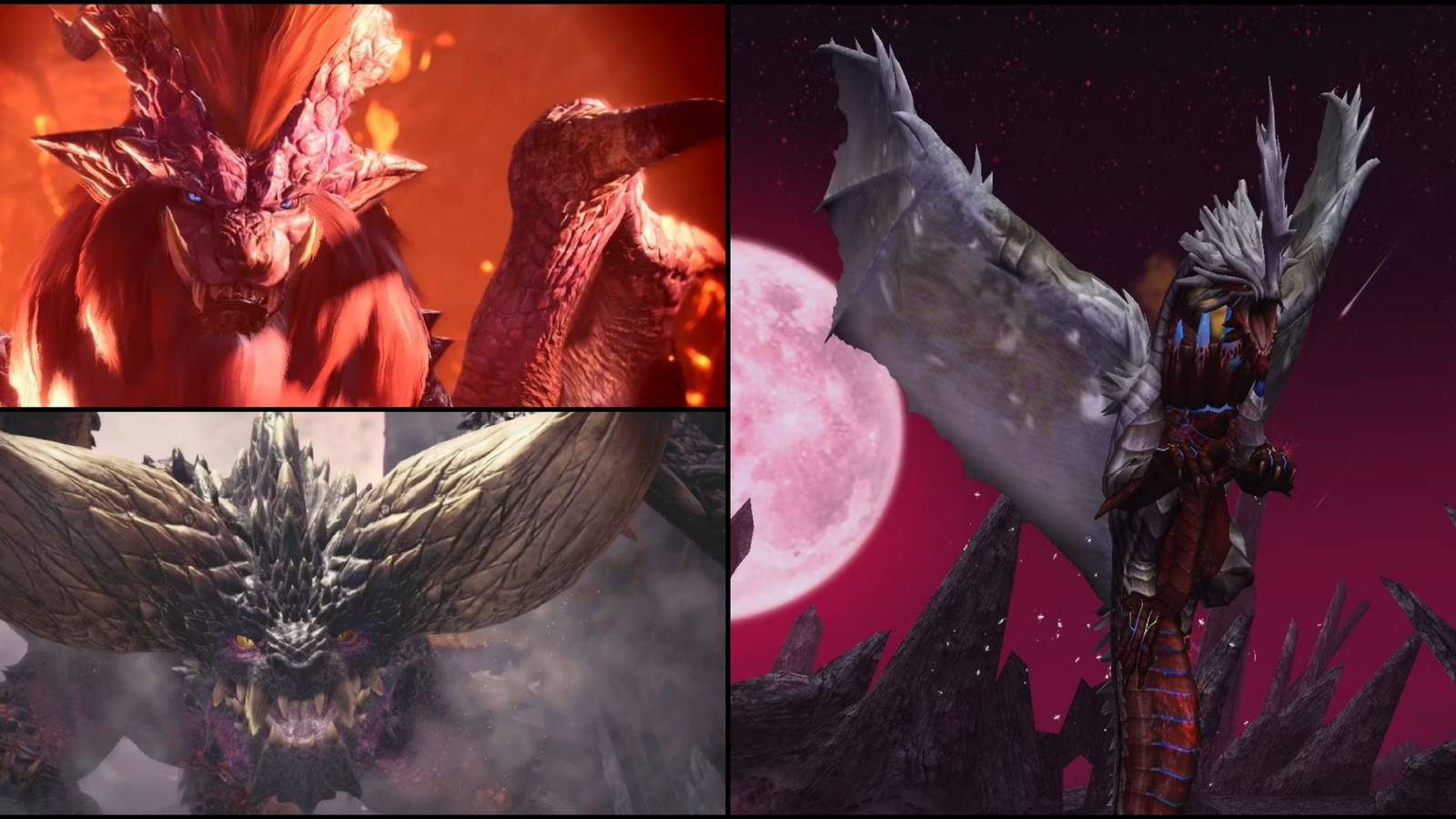 Teostra, Nergigante, and Disufiroa from Monster Hunter