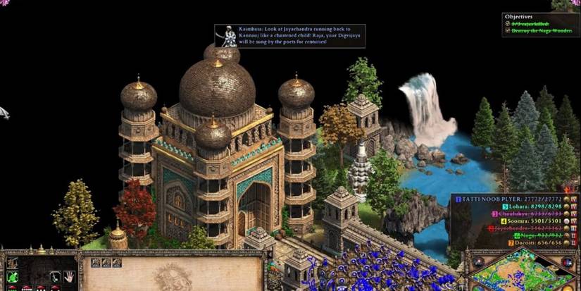 A large temple with armies in blue waiting outside of it