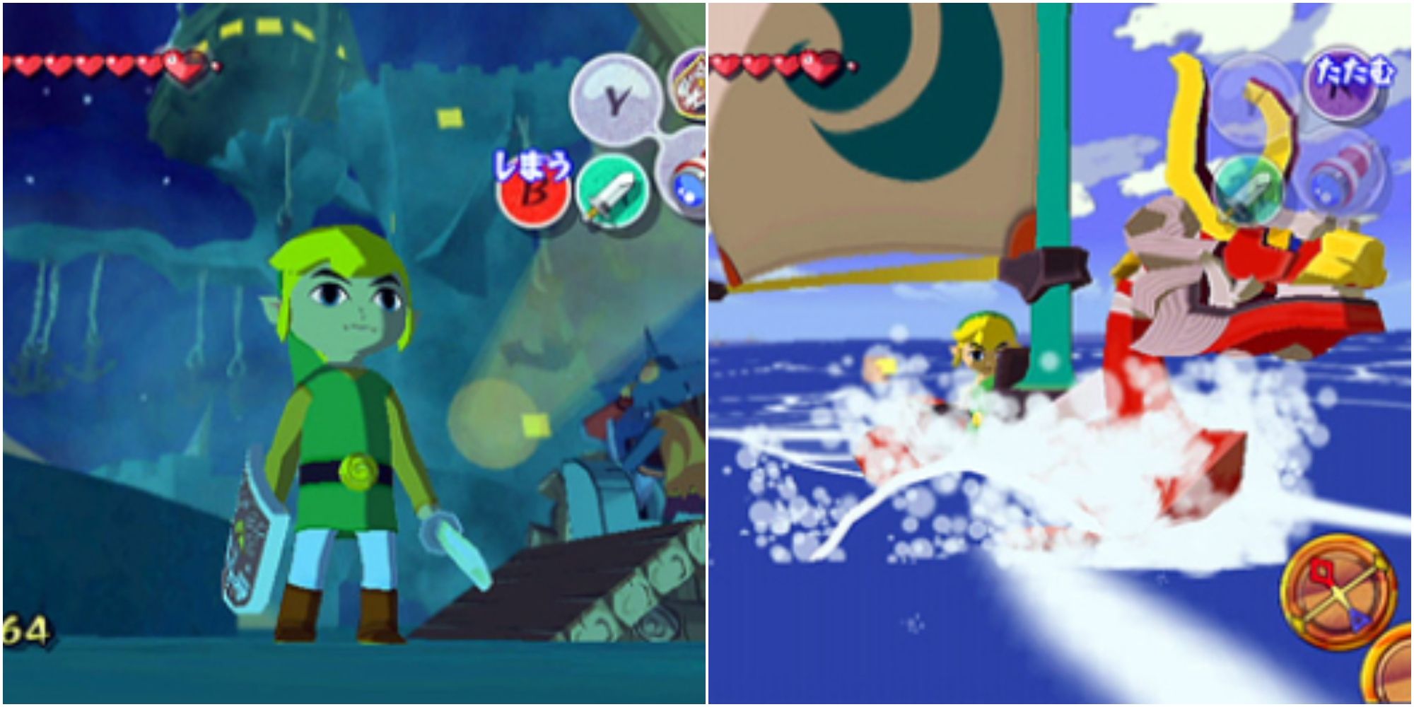 The Wind Waker Gamecube: Link standing with his sword and Link on a boat