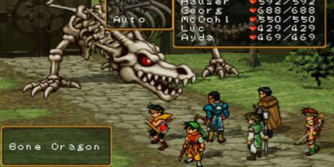 The main party of Suikoden 2 fighting against a Bone Dragon.