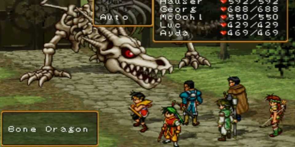 The main party of Suikoden 2 fighting against a Bone Dragon.