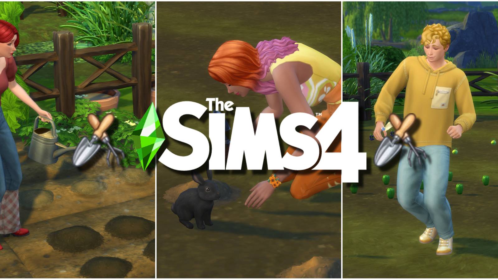 Sims gardening - one is watering plants, the other two are planting seeds