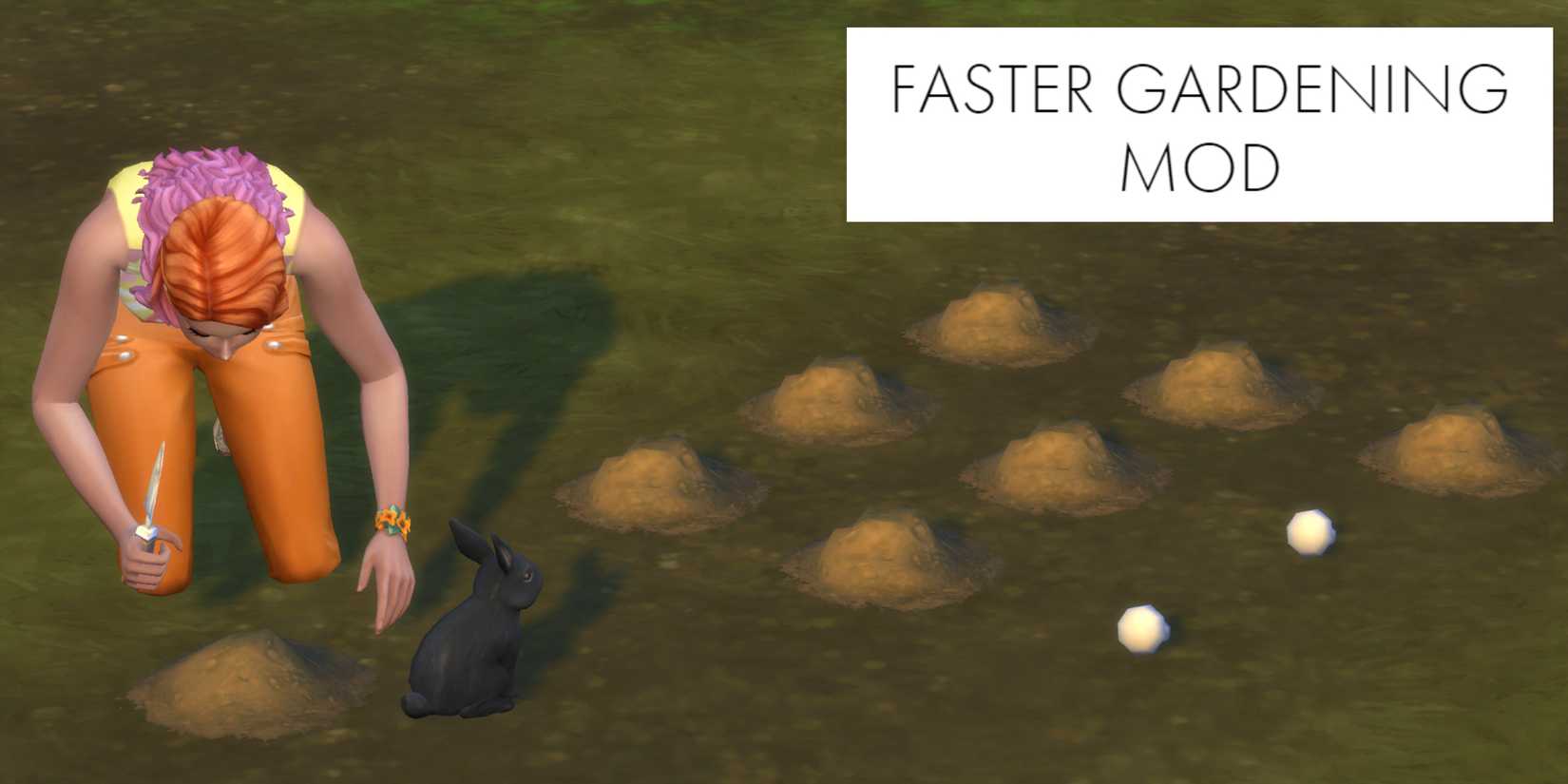A Sim planting seeds in their garden next to a black rabbit