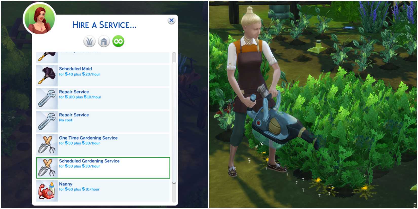 A Sim is hiring a scheduled gardening service and the gardener is clearing weeds