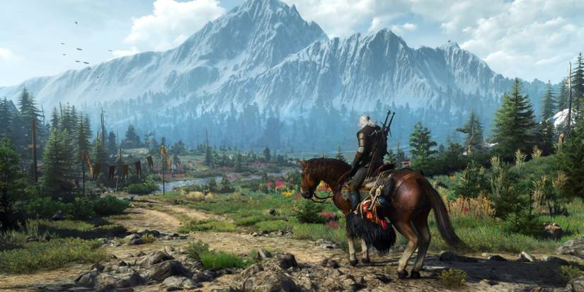 The Witcher 3 Wild Hunt Geralt on horse looking over grassland