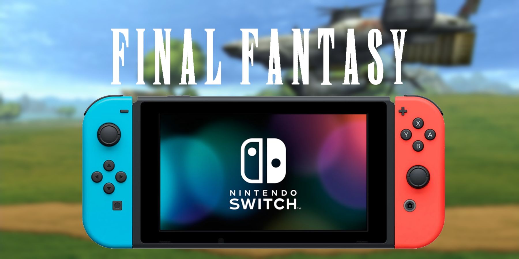 A blurred screenshot of Theatrhythm: Final Bar Line, overlayed with an image of a Nintendo Switch and the Final Fantasy logo.
