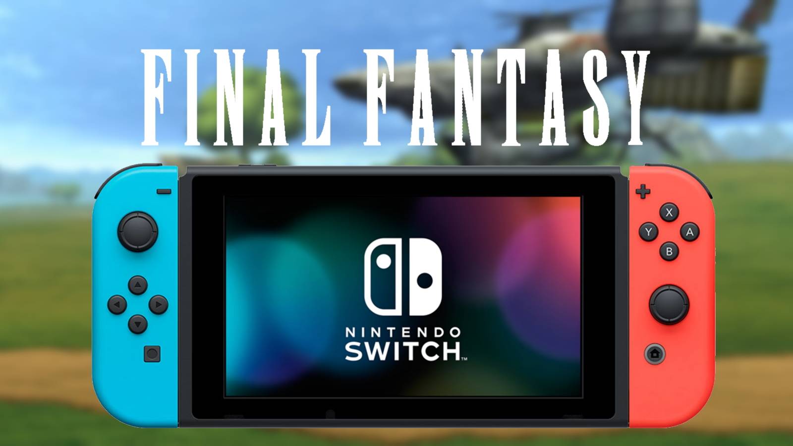 A blurred screenshot of Theatrhythm: Final Bar Line, overlayed with an image of a Nintendo Switch and the Final Fantasy logo.