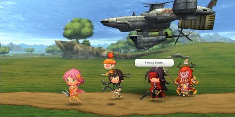 A screenshot from Theatrhythm: Final Bar Line showing a player's party, including characters like Yuffie and Auron.