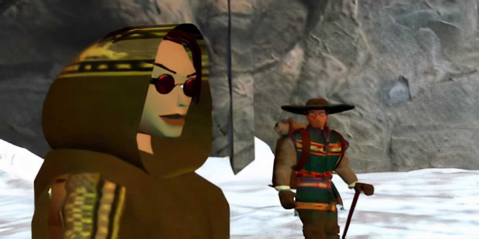 Lara and a Sherpa at the entrance to Vilcabamba in Tomb Raider 1.