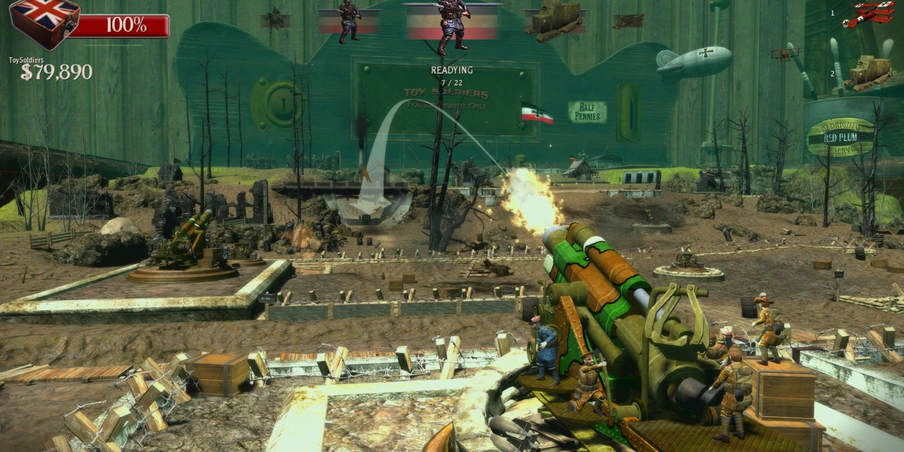 Toy Soldiers manning a toy gun and firing on to the battlefield as a plastic blimp flies in the background