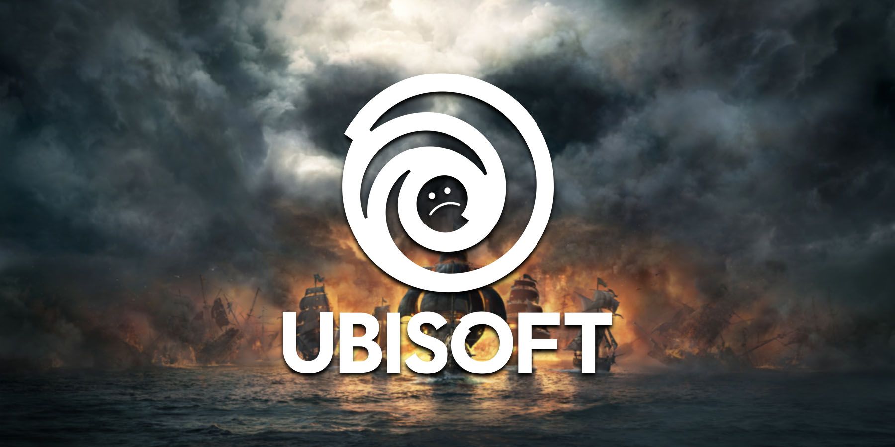 Ubisoft logo with sad face over Skull and Bones background
