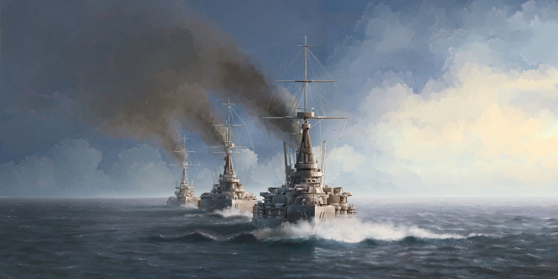 Three naval ships sailing in a line with a painted looking sky behind