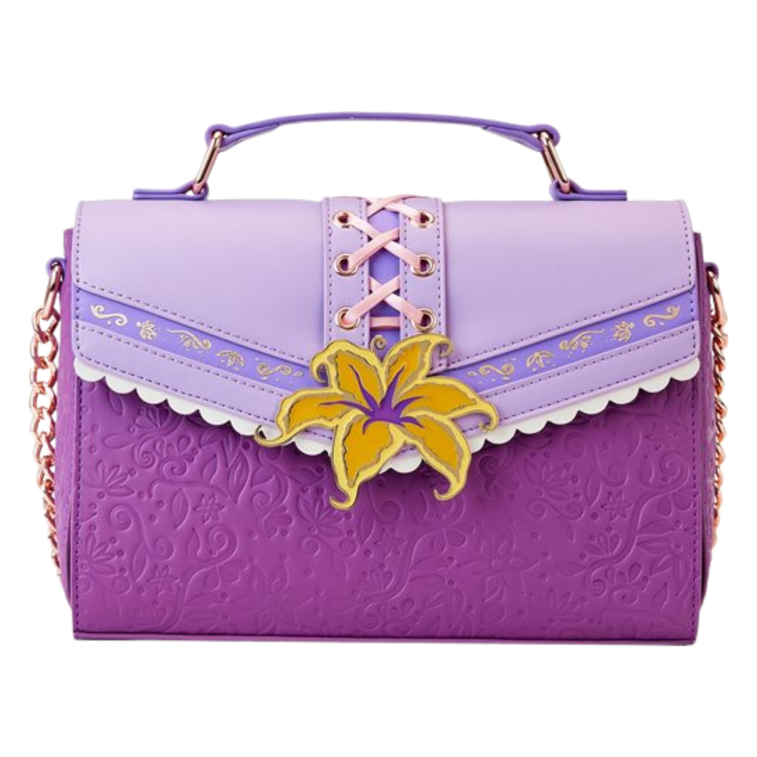 This image shows a purple purse with a golden yellow flower clasp on the front and made to look like Rapunzel's outfit