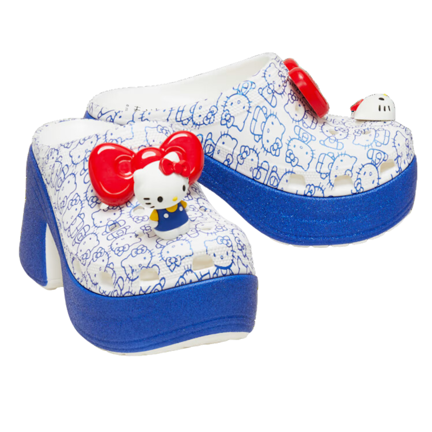 This image shows a pair of white clogs with the Hello Kitty figure printed on it with cat and bow charms on the top with a heel and blue sole