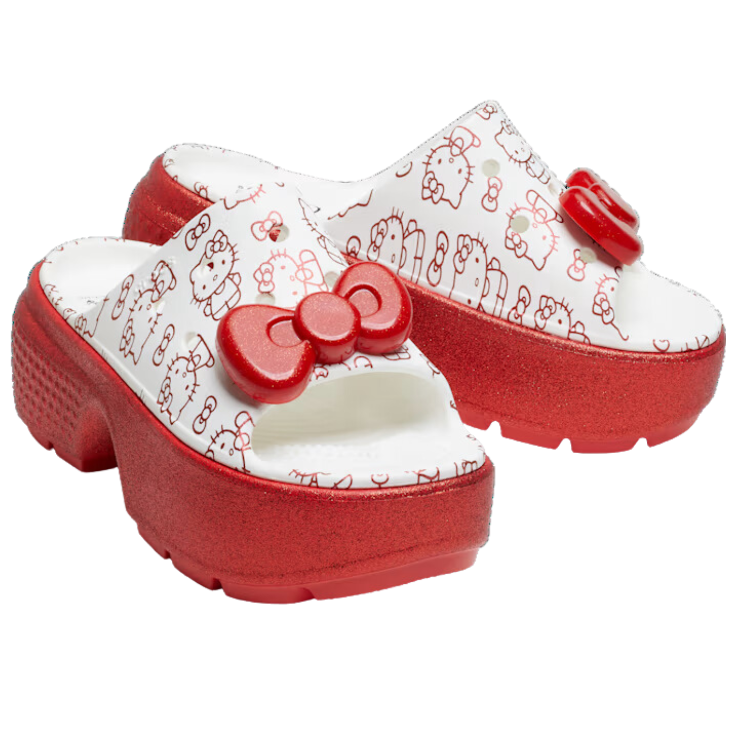 This image shows a pair of white open toed clogs with the Hello Kitty figure and box on them with a red thick heel