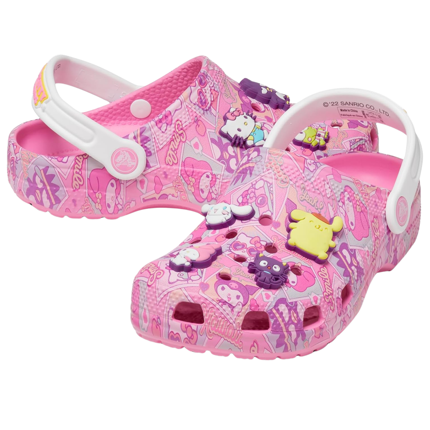 This image shows pink kid's croc with Hello Kitty characters on them. 