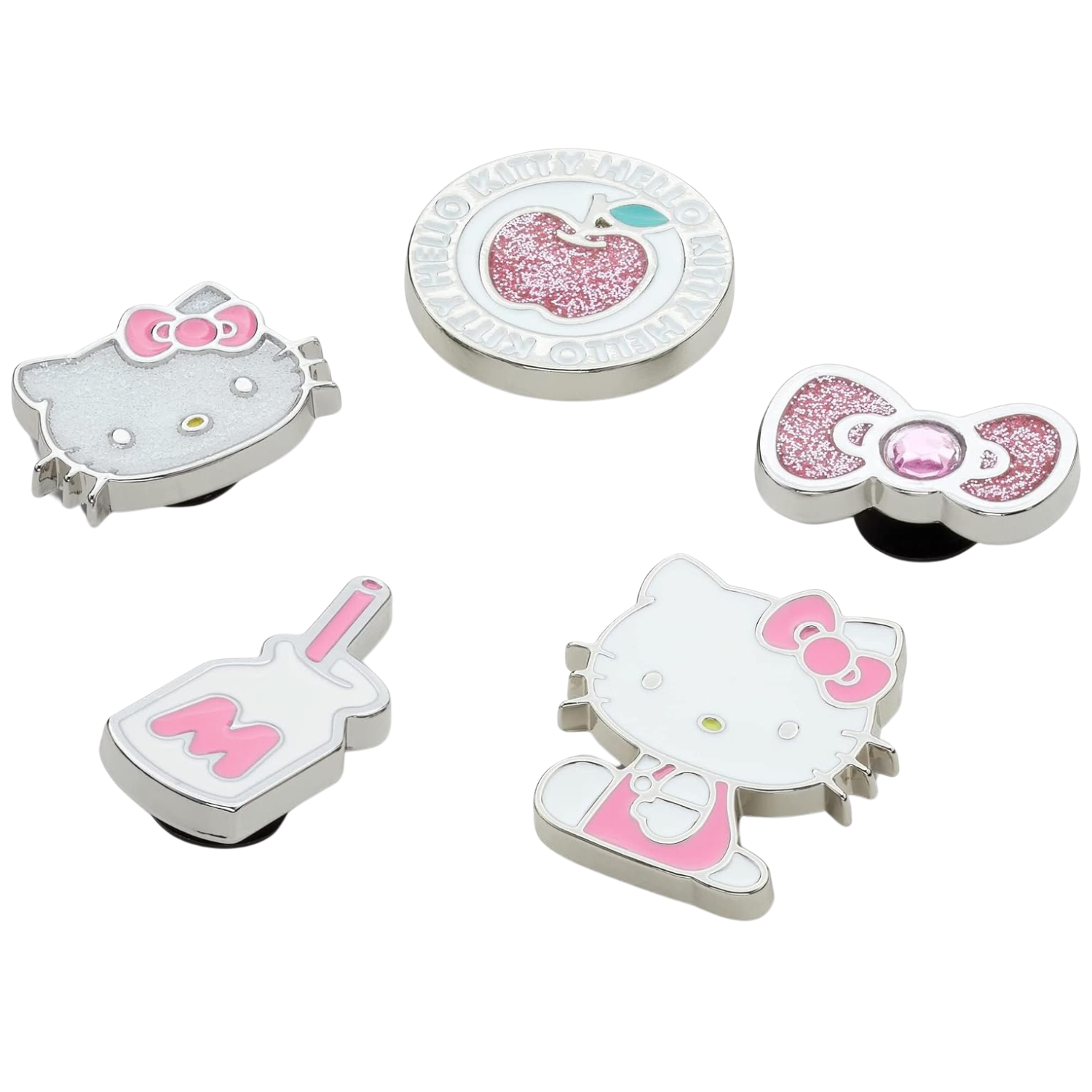 This image shows five glittery Hello Kitty shoe charms