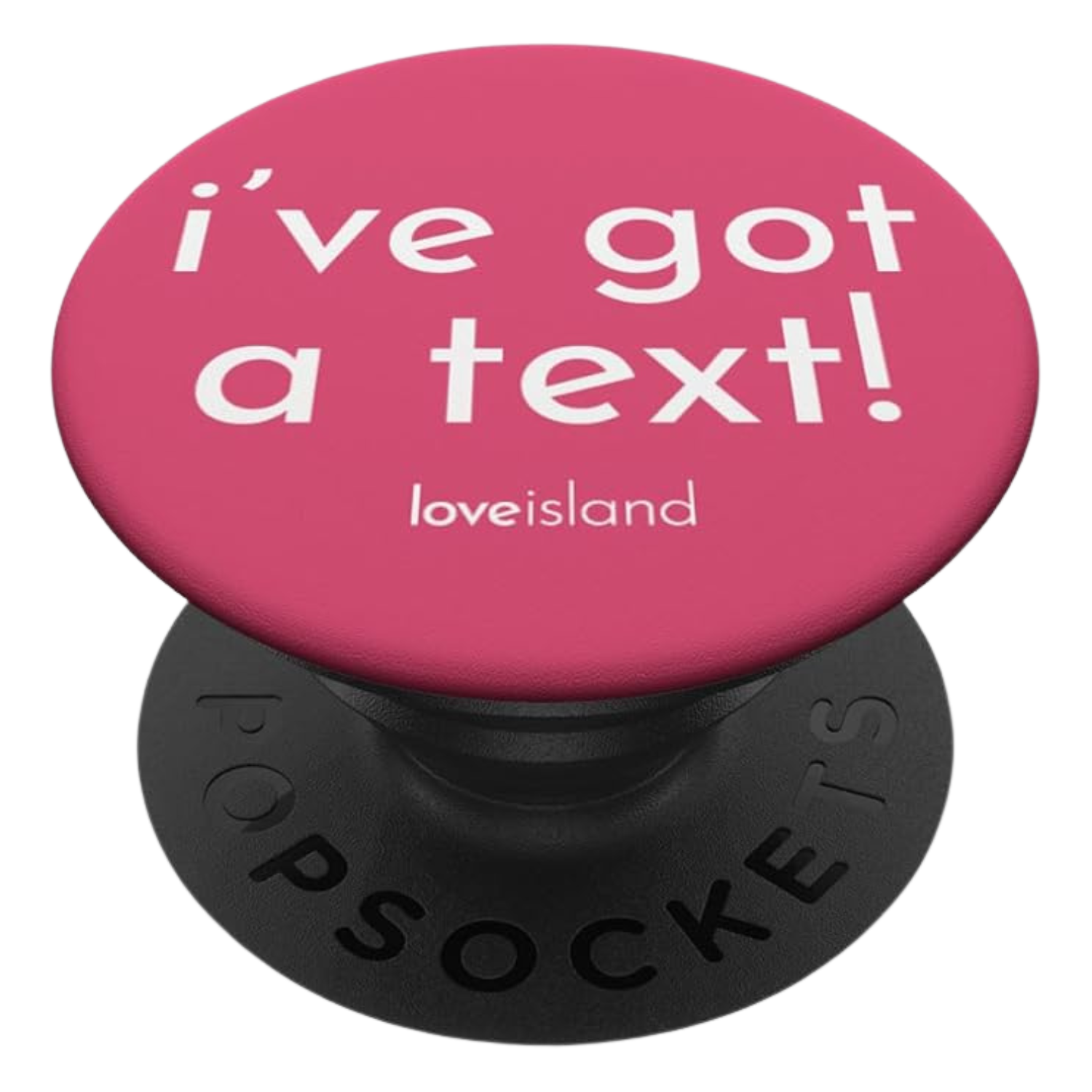 This image shows a Pink Love Island phone handle with the phrase 