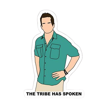 This image shows a sticker of Jeff Probst from 'Survivor' with the phrase 