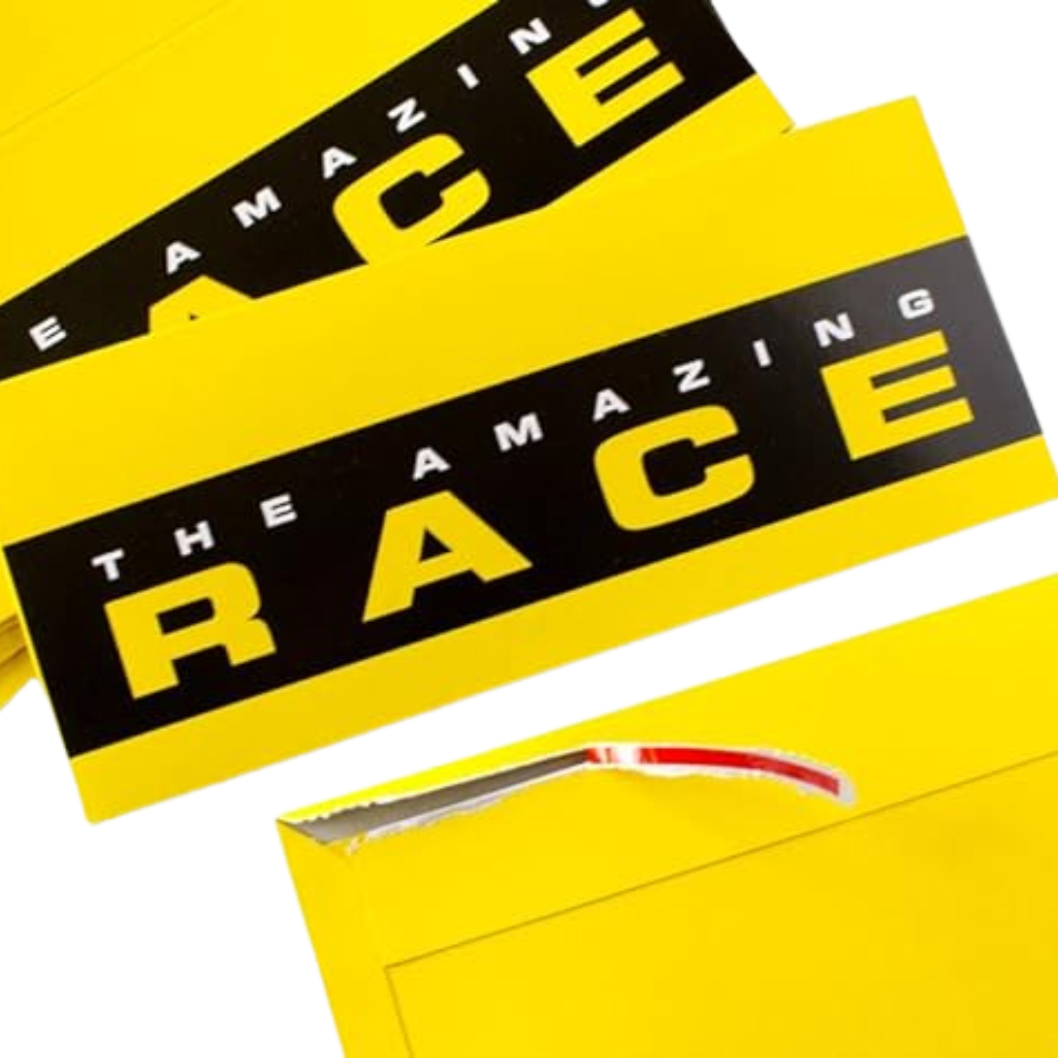 This images shows three envelopes used on the Amazing Race, one of which is being opened.