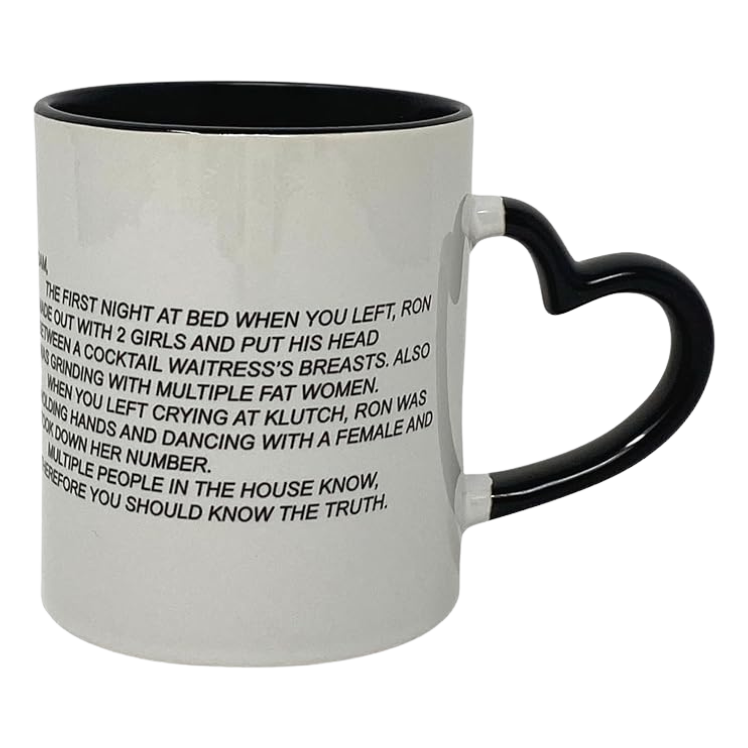 This image shows a white mug with a black interior with the letter Sam received on 'Jersey Shore'