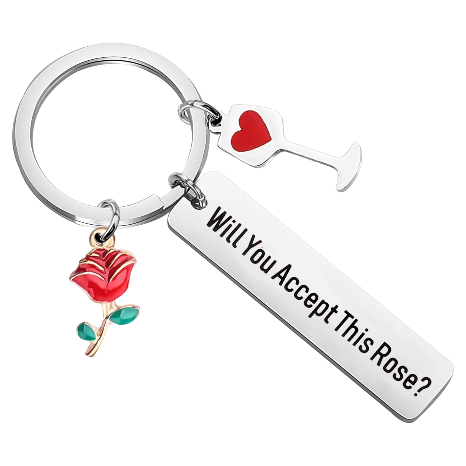 This image shows a keychain with charms like a rose, a glass of wine with a heart and the phrase 