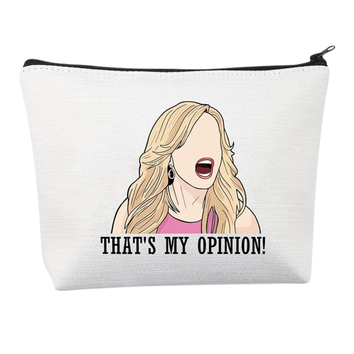 This image shows a canvas makeup bag with the silhouette of Tamara Judge and the phrase, 