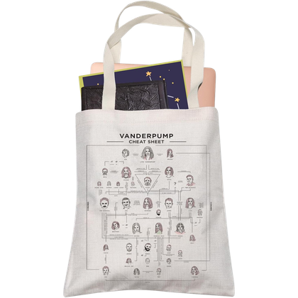 This image shows a canvas bag with the Vanderpump Rules Relationship Cheat Sheet on it.