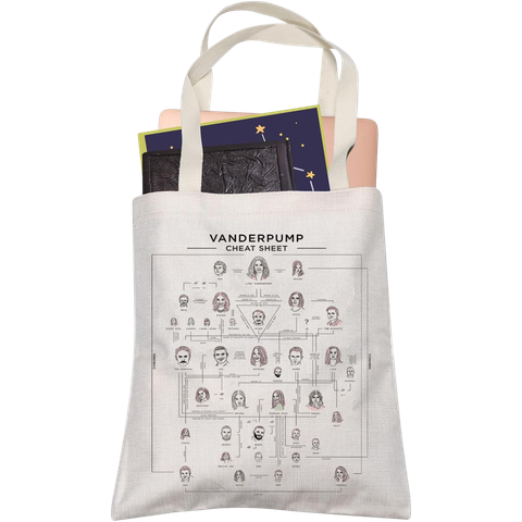 This image shows a canvas bag with the Vanderpump Rules Relationship Cheat Sheet on it.