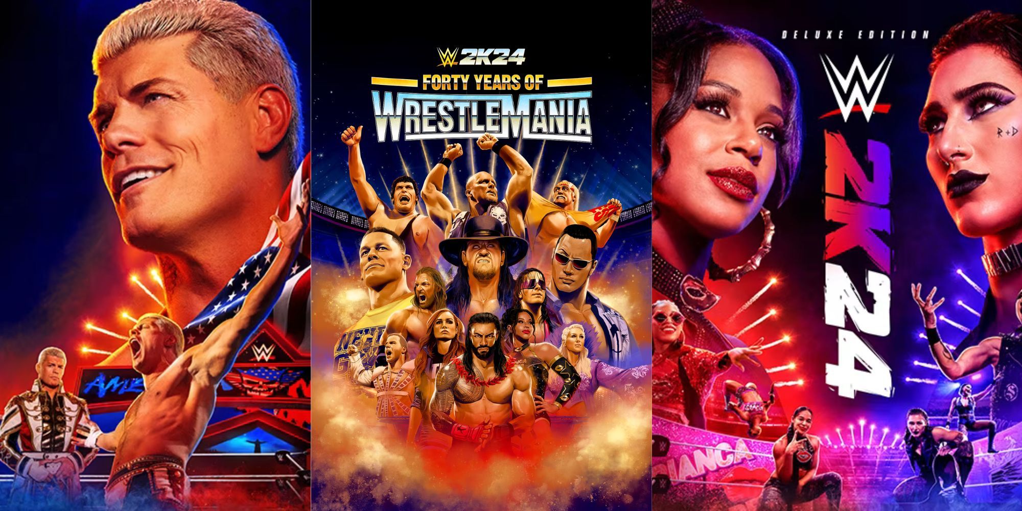 The three covers for the different editions of WWE 2K24