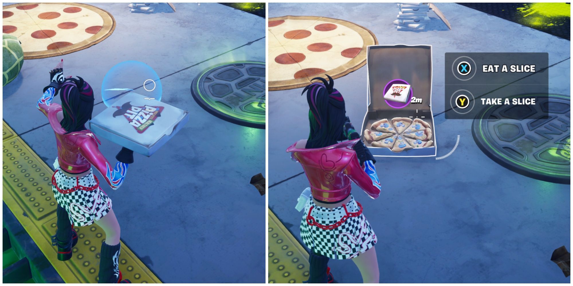 throwing pizza party item on the ground