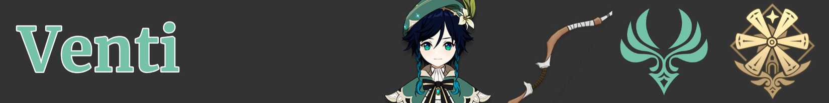 Genshin Impact - Icons representing Venti the Anemo Archon with his Weapon, a Bow, his region, Mondstadt, and his element Anemo