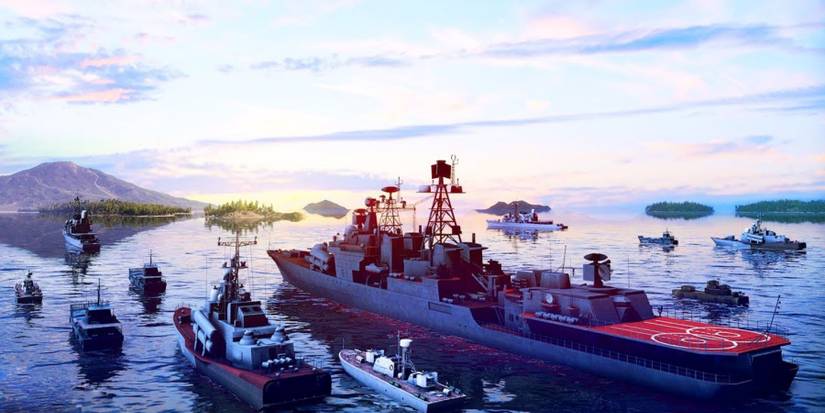 A fleet of ships sailing towards an island as the sun sets in the background