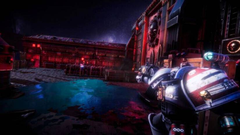 A Space Marine from the Grey Knights aiming his bolter at a foe