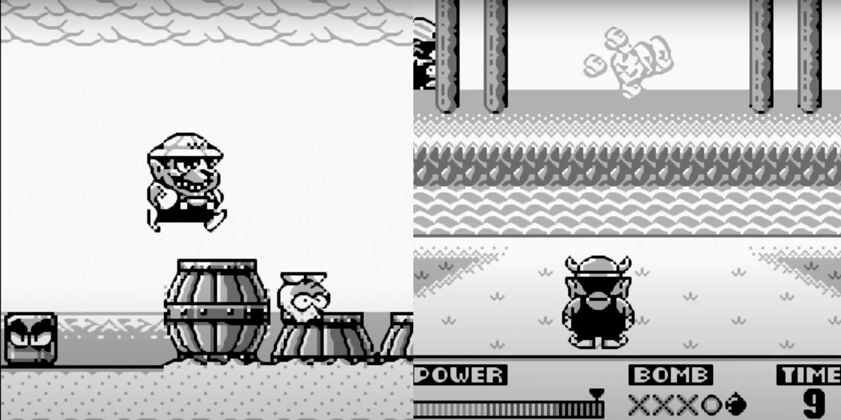 Wario leaping over a barrel and fighting a bomb boss