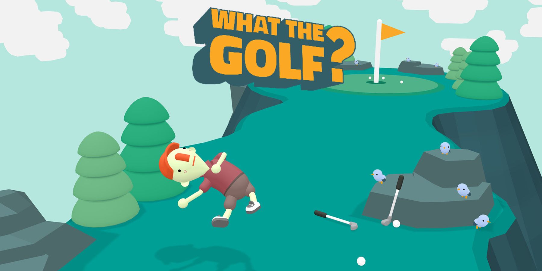 What the Golf character flying toward hole below game logo