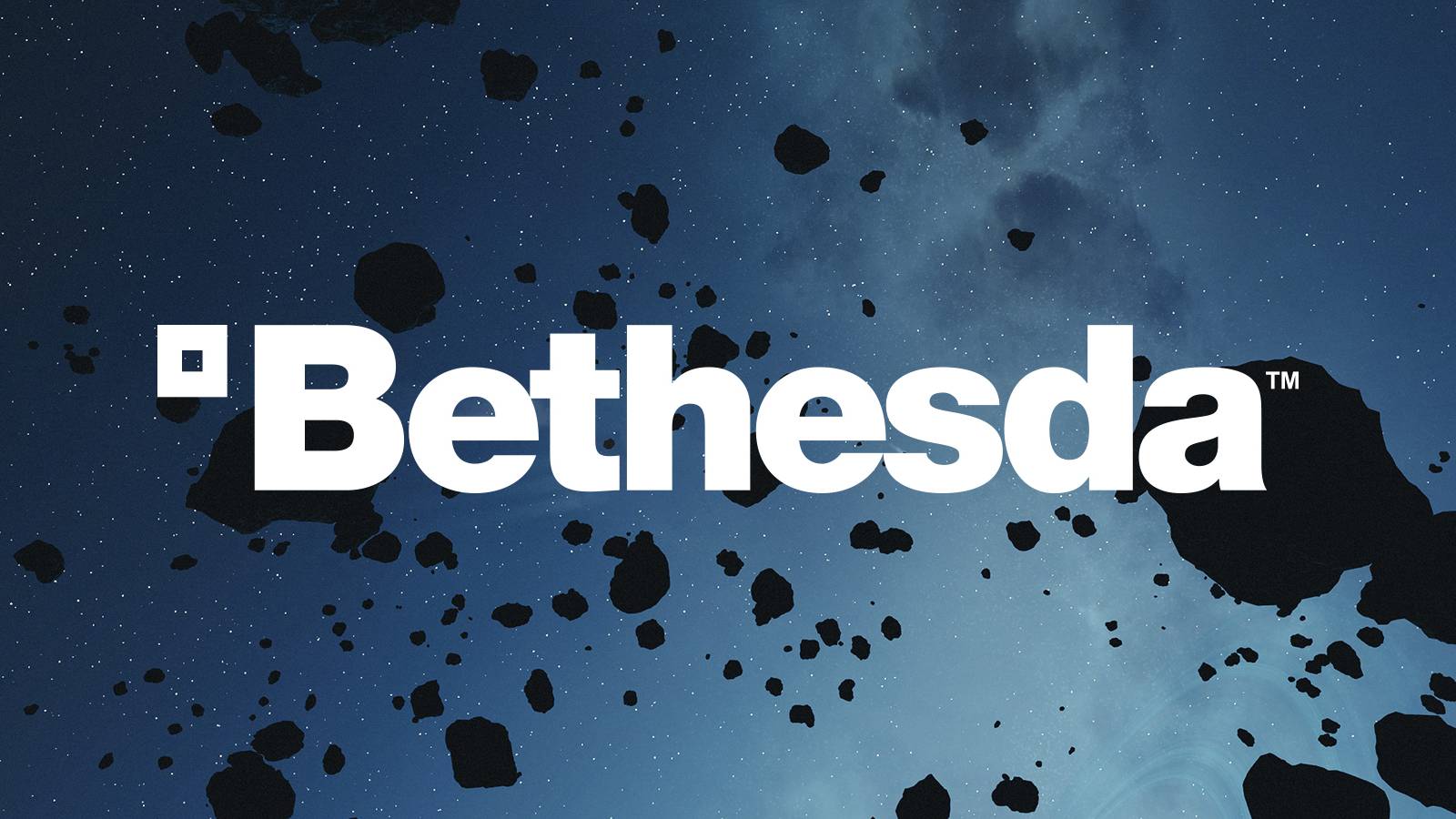 white Bethesda logo on space background Starfield asteroid field