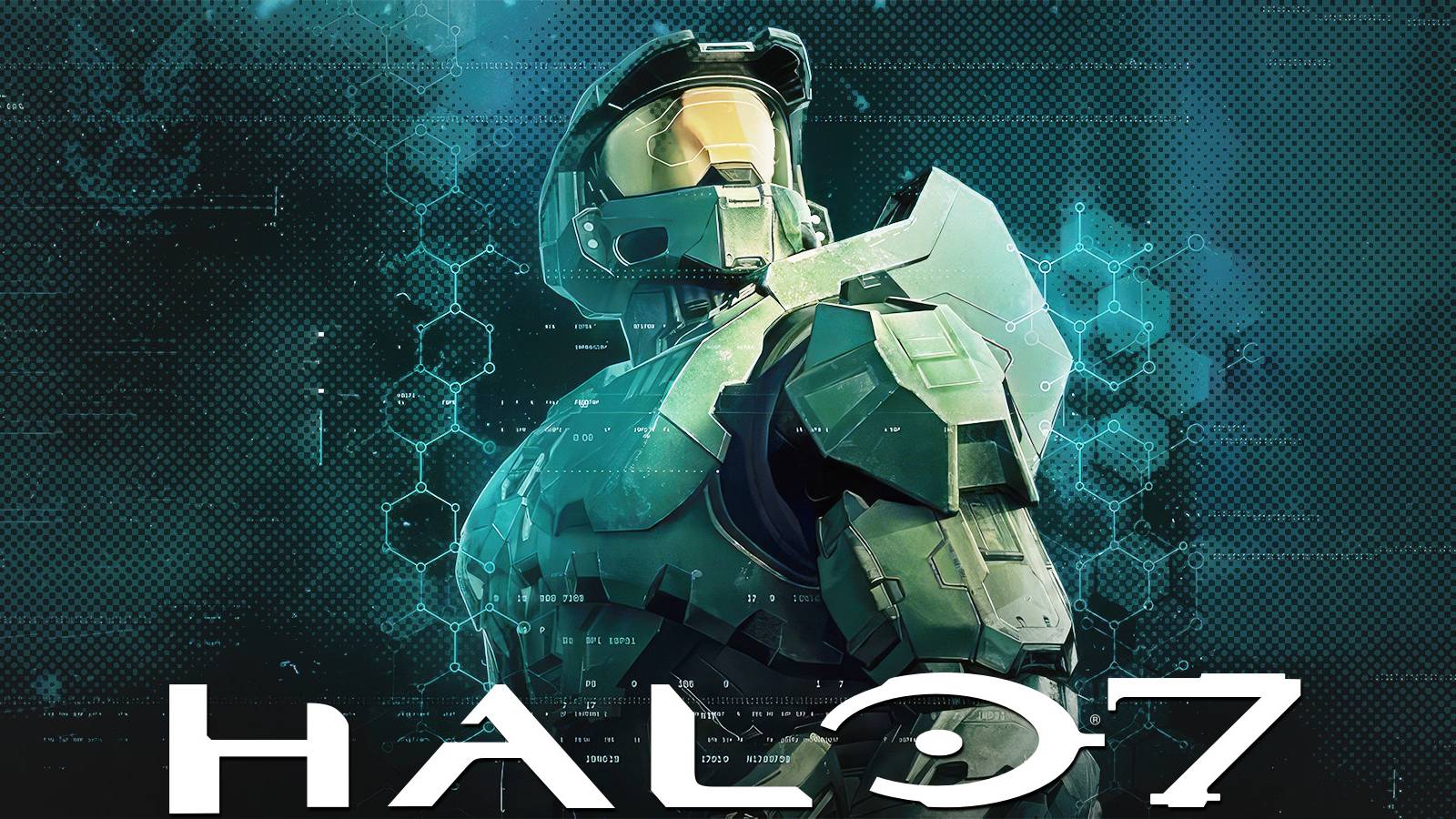 white Halo 7 mockup logo on Halo Infinite Master Chief artwork dot halftone edit