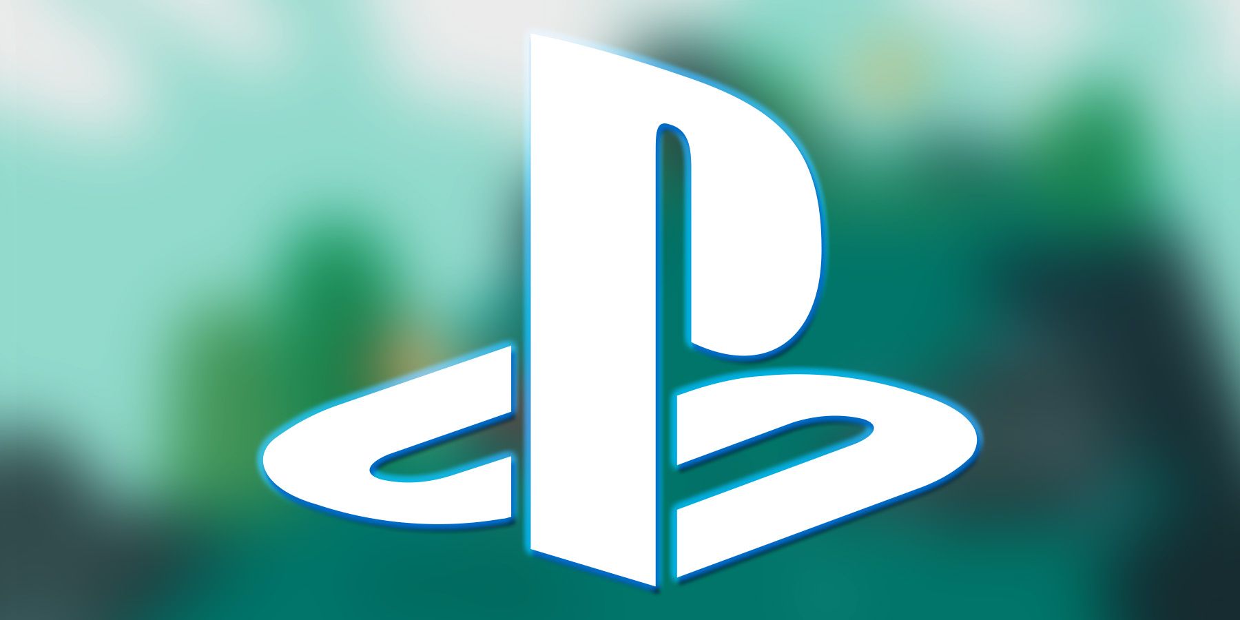 White PlayStation logo submark with blue outer glow on blurred What the Golf promo screenshot