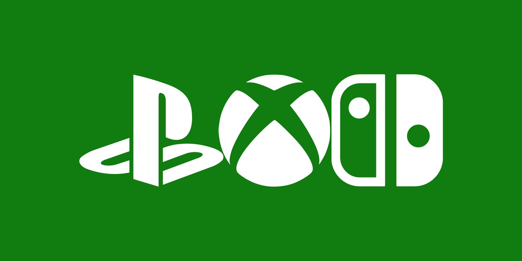 white PlayStation Xbox Nintendo Switch logo submarks on dark green Xbox background