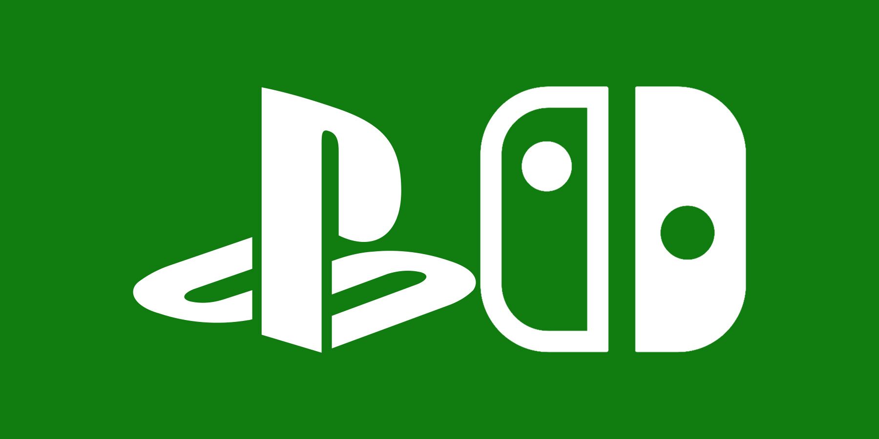 White Sony PlayStation Nintendo Switch logo submarks on Xbox green background