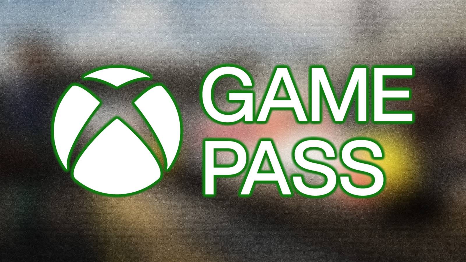 White Xbox Game Pass logo with green glow drop shadow on blurred Train Sim World 4 Steam page promo screenshot
