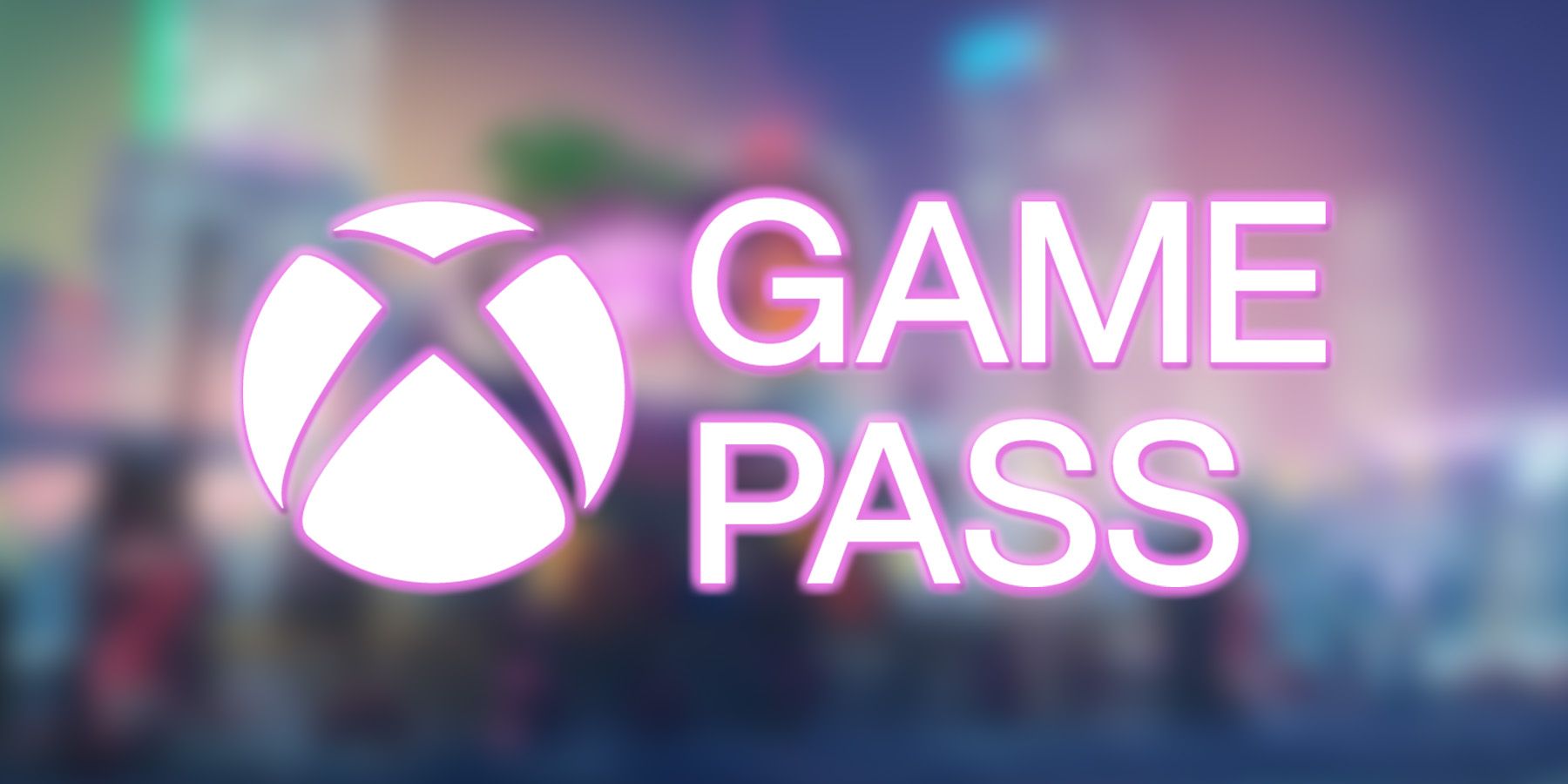 White Xbox Game Pass logo with pink glow on blurred Maneater promo screenshot