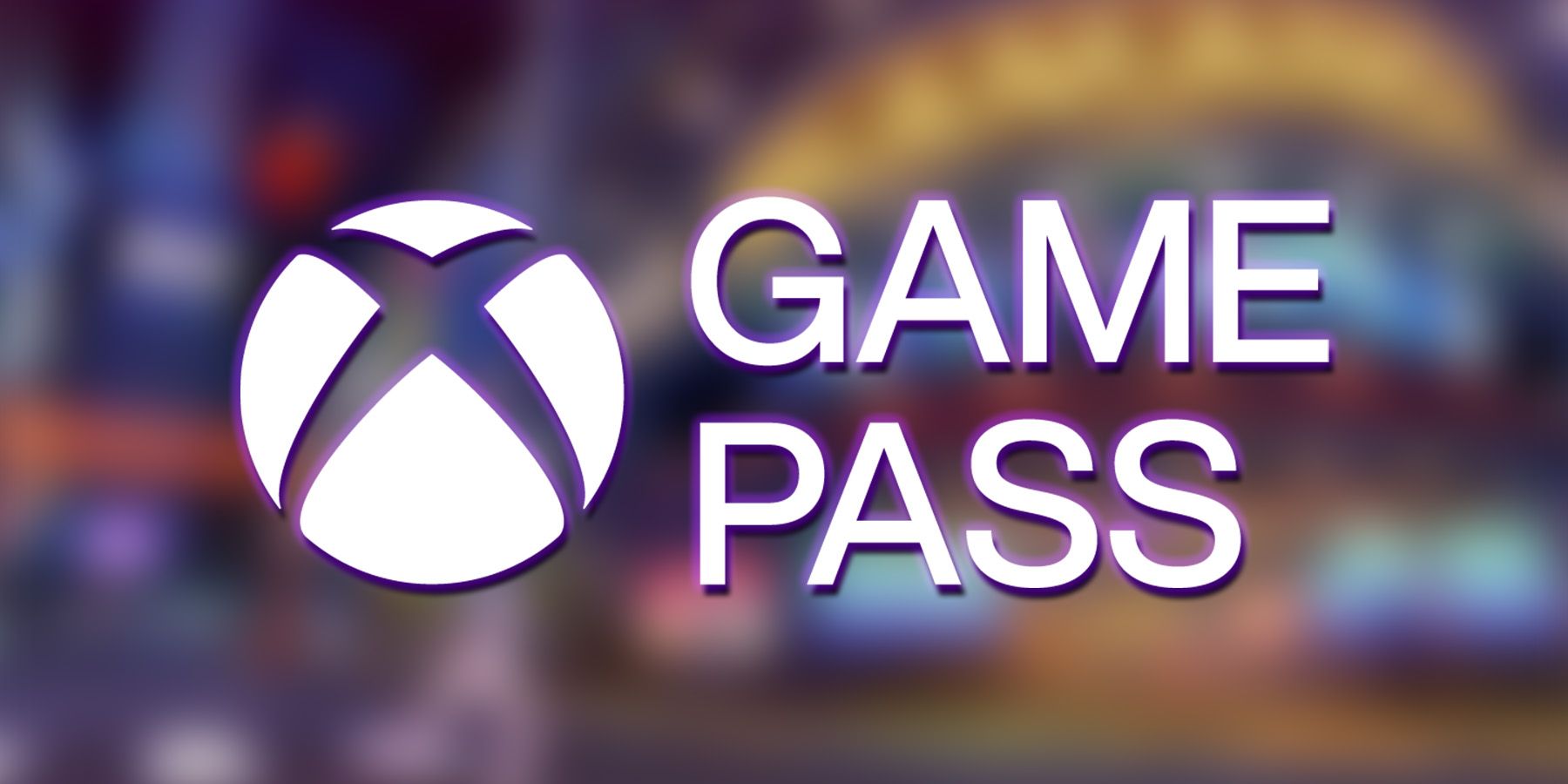white Xbox Game Pass logo with purple glow on blurred Soul Hackers 2 city exploration promo screenshot