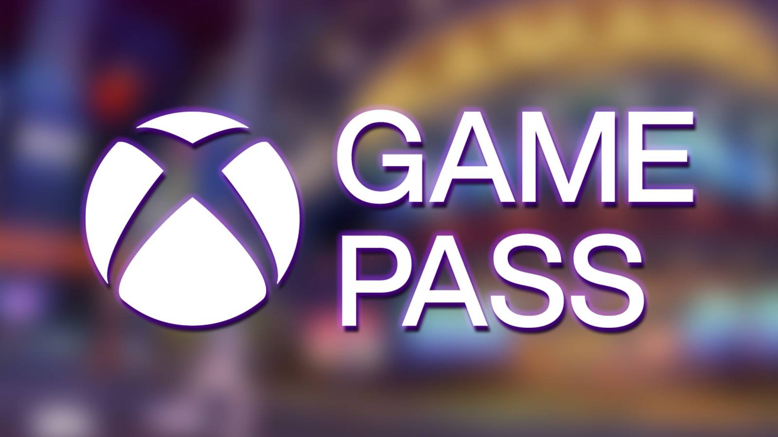 white Xbox Game Pass logo with purple glow on blurred Soul Hackers 2 city exploration promo screenshot