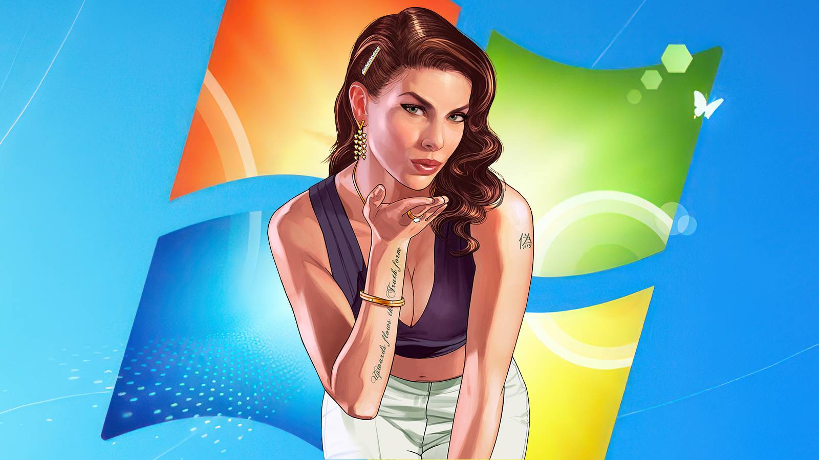 Windows 7 default wallpaper with GTA 5 woman blowing a kiss artwork composite