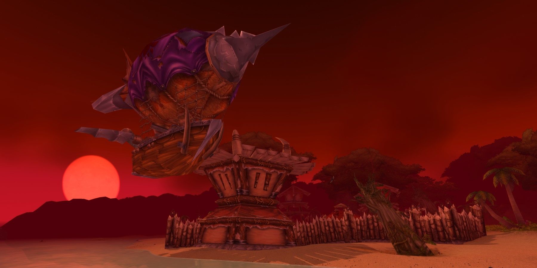 grom'gol base camp with its zepplin in zul'gurub under the blood moon from WoW classic SoD