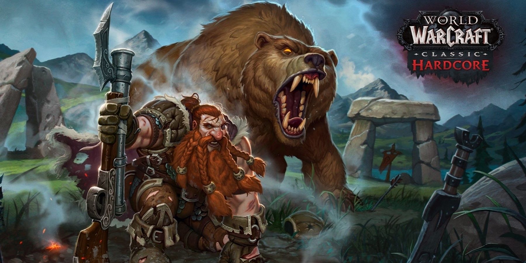 a dwarf rifleman and a bear alone in the wilds from wow classic hardcore