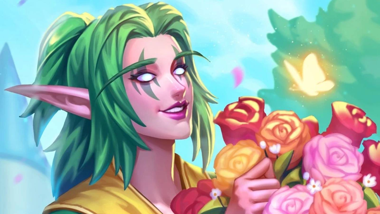 night elf holding a bouquet of flowers with a butterfly