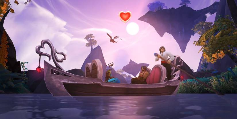 two wow characters being chauferred in a gondola in front of floating islands with a hear above them